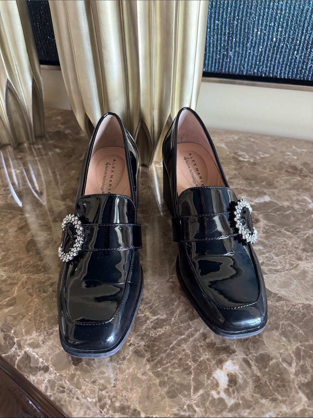 Alex Marie Black Patent Loafers with Crystal Buckle Accent